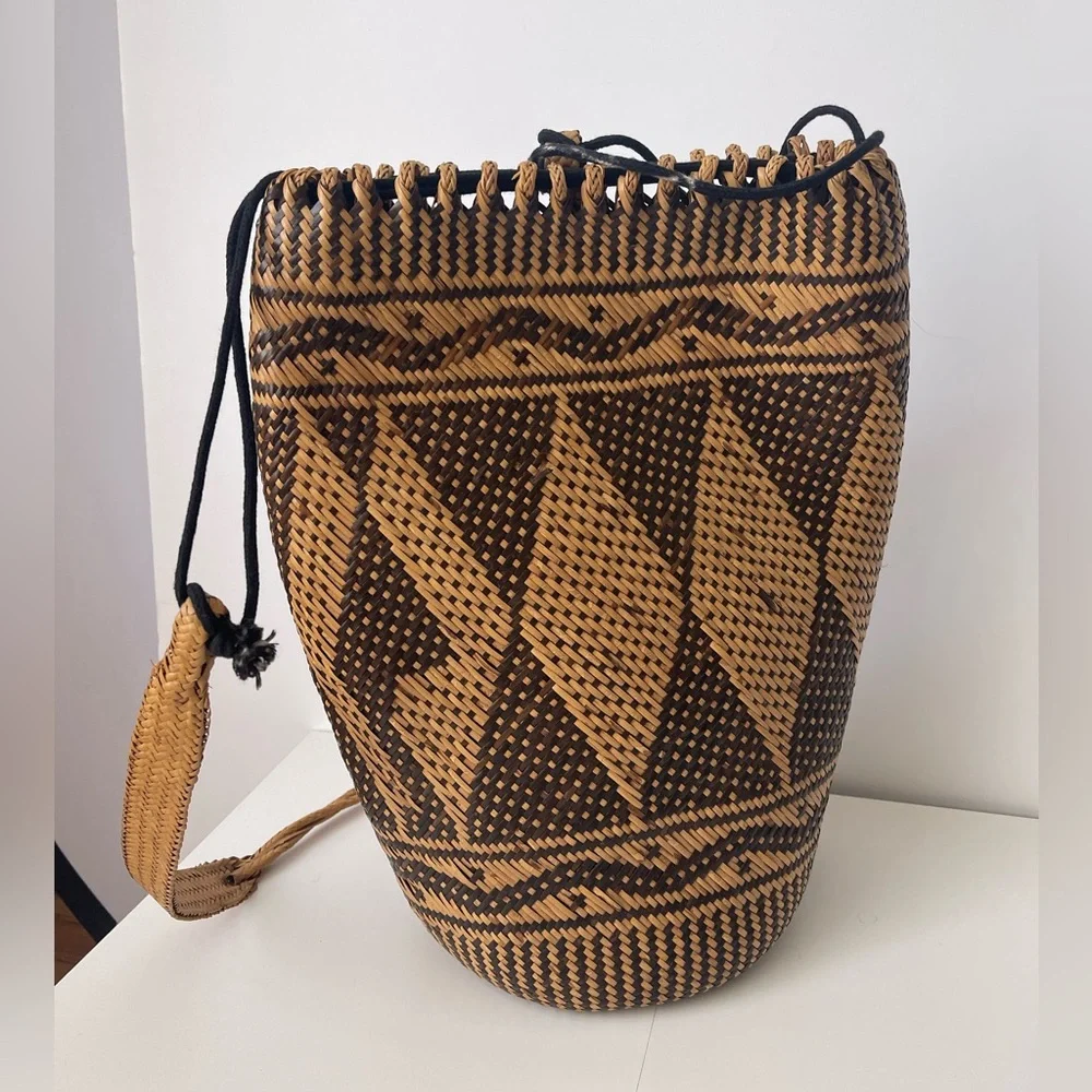 Rattan AJAT BASKET Wicker Backpack Sling Bag Argyle Pattern Woven